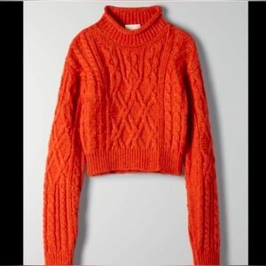 Aritzia Wilfred Cozy Orange Cable Knit Cropped Annika Turtleneck Sweater